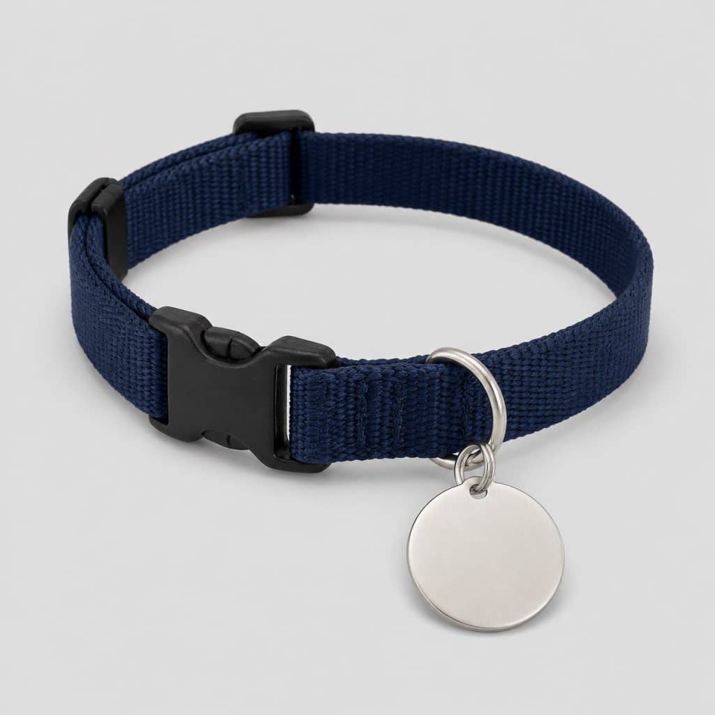 Collier pour chat bleu marine avec sa médaille d'identification en acier
