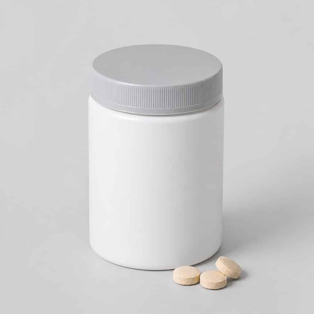 Pot blanc de complément articulaire à la glucosamine pour chien, comprimés posés devant