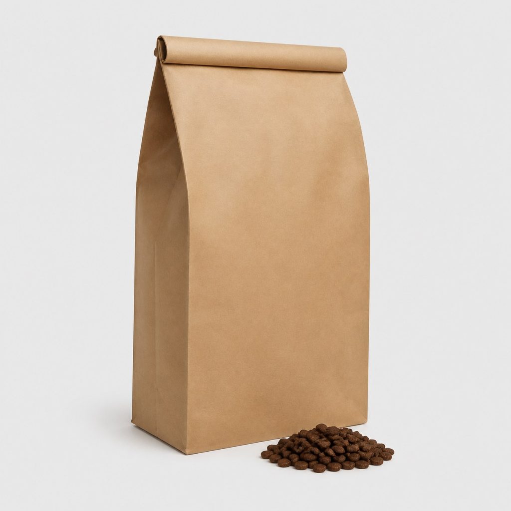 Grand sac kraft vierge de croquettes riches en viande pour chien sur fond blanc