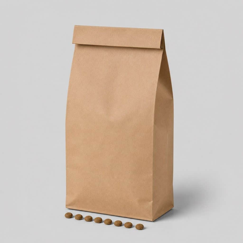 Sac kraft vierge de croquettes hypoallergéniques pour chien sur fond gris
