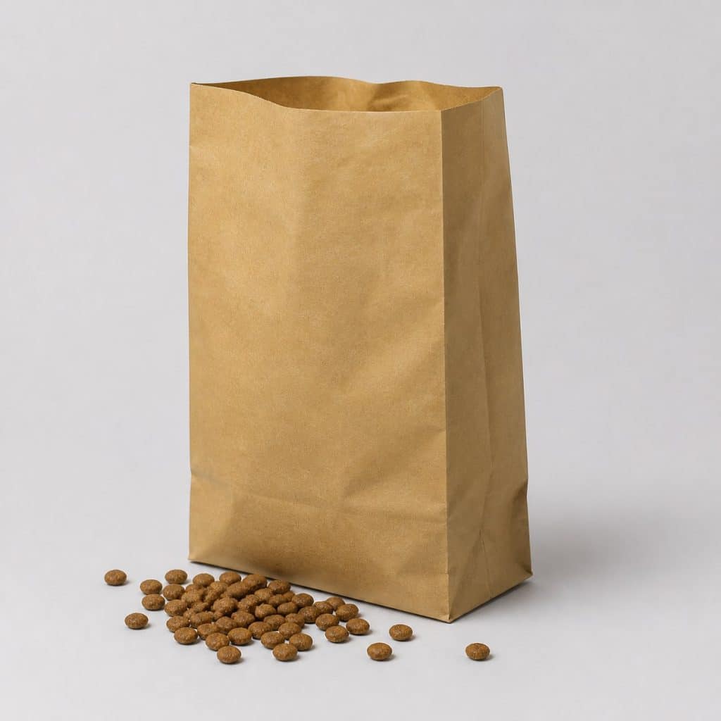 Sac kraft vierge de croquettes naturelles pour chien ouvert sur fond blanc