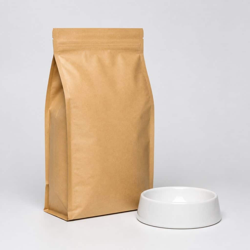 Sac de croquettes pour chat d'intérieur et gamelle blanche sur fond clair