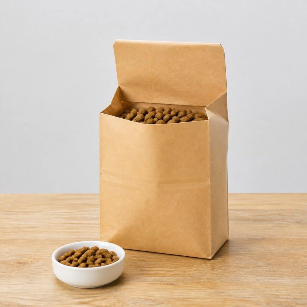 Sac kraft neutre de croquettes pour chat de plus de 12 ans et coupelle blanche