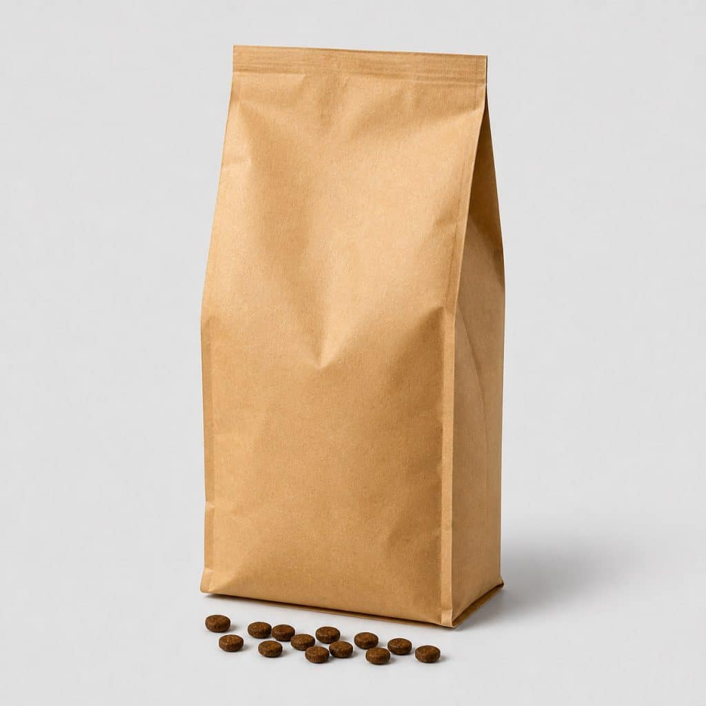 Sac de croquettes pour chat riches en viande sur fond anthracite