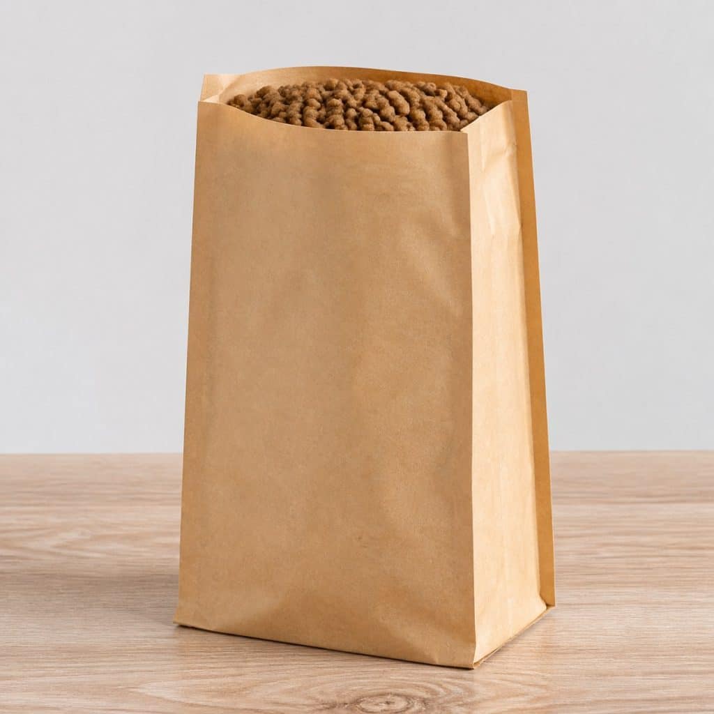 Sac kraft neutre de croquettes pour chat senior sur un plan de travail en bois clair