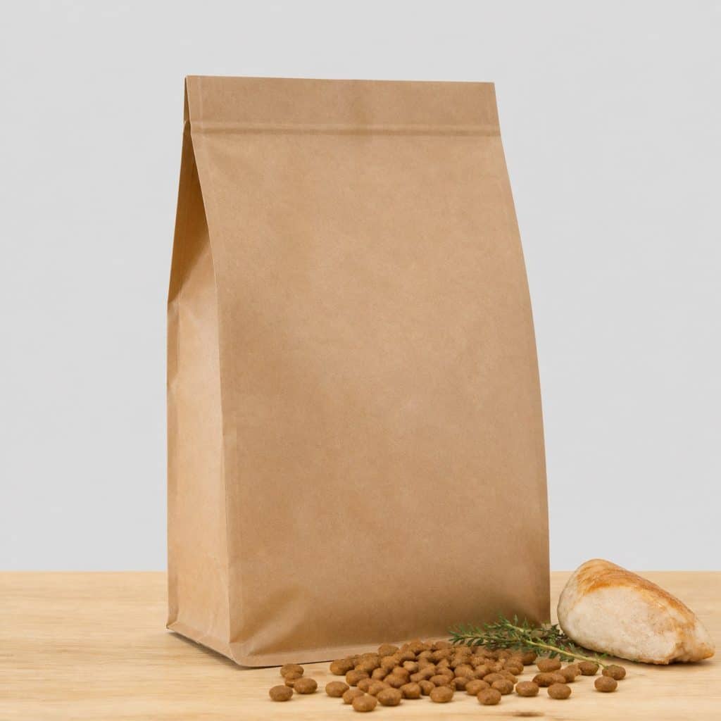 Sac kraft neutre de croquettes senior au poulet sur une planche en bois clair