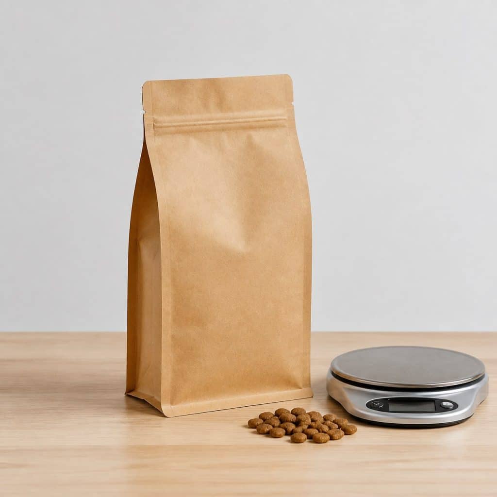 Petit sac kraft neutre de croquettes pour chat senior stérilisé et balance de cuisine