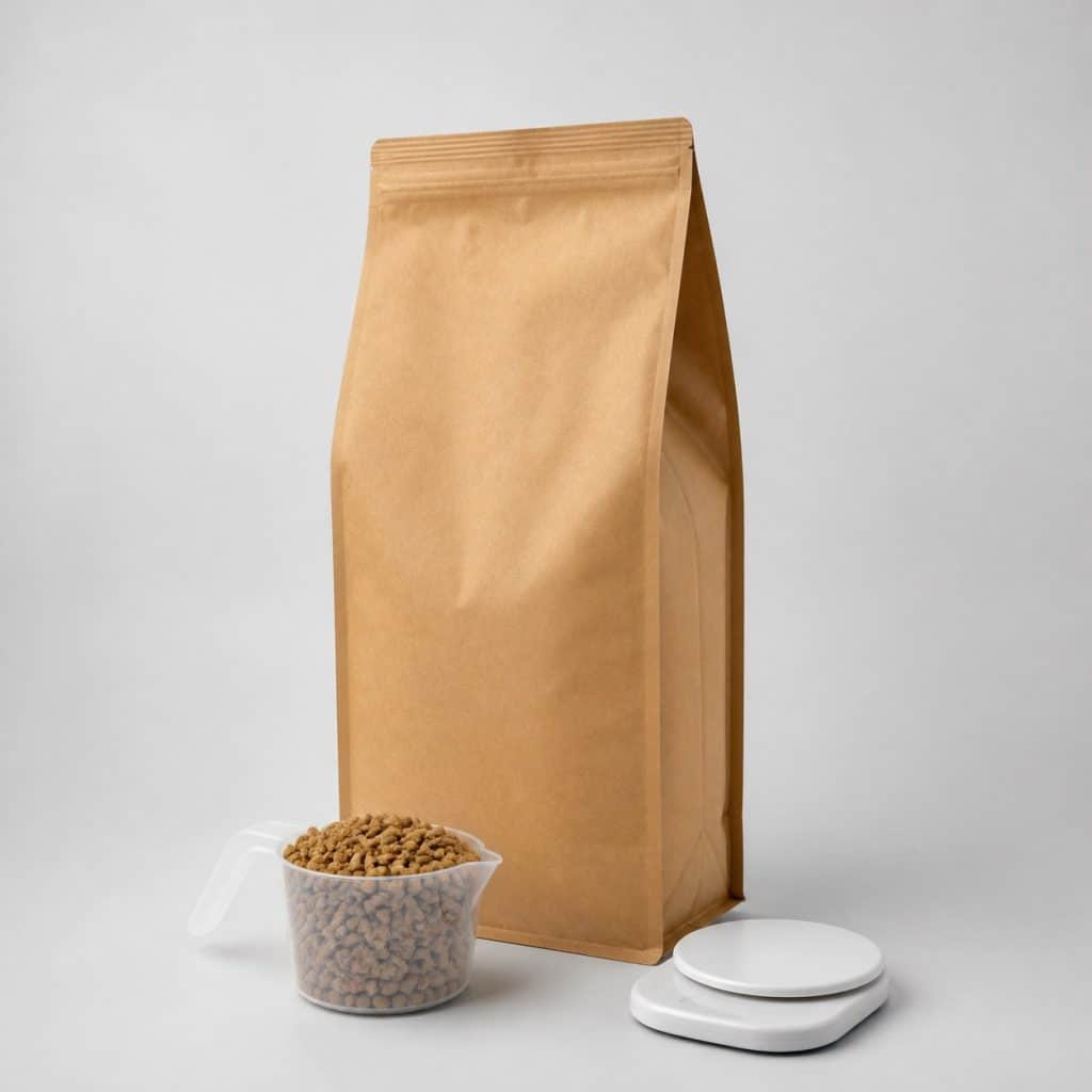 Sac de croquettes pour chaton, bol doseur et balance de cuisine