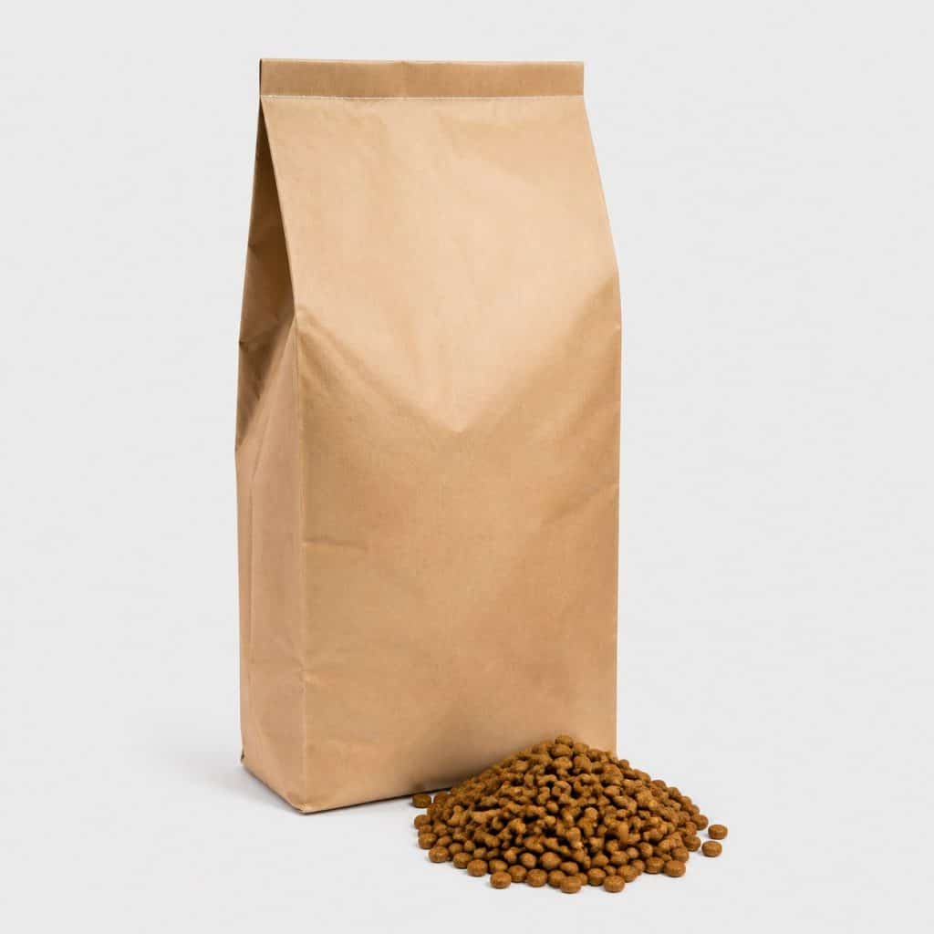 Grand sac kraft vierge de croquettes pour chien sur fond blanc cassé