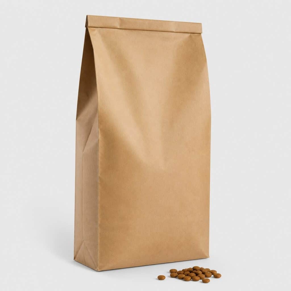 Grand sac kraft vierge de croquettes pour chien actif sur fond anthracite