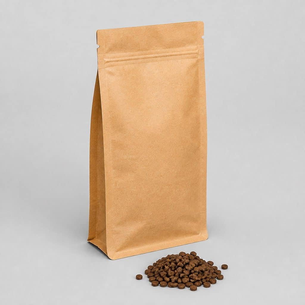 Petit sac kraft vierge de croquettes pour chien de petite taille sur fond gris perle