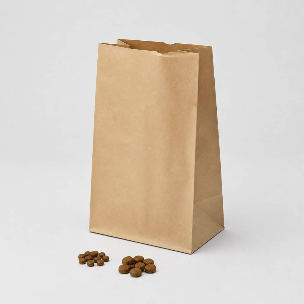 Sac kraft vierge de croquettes pour chien difficile ouvert sur fond beige