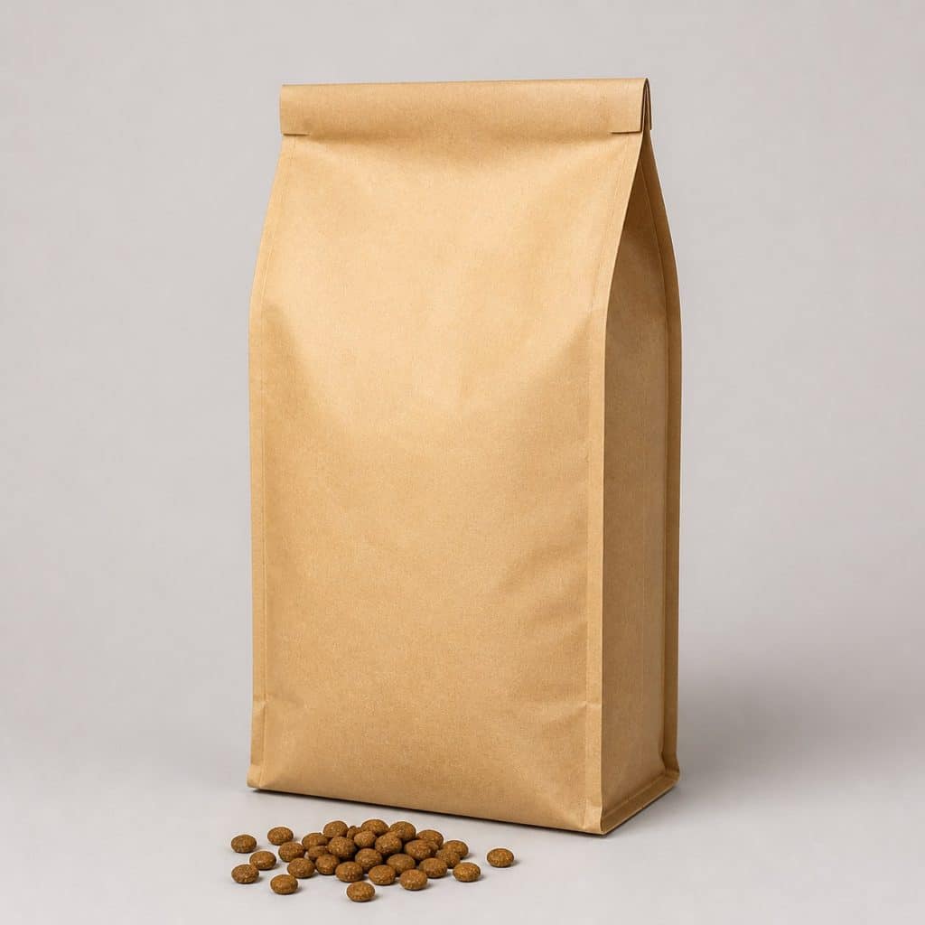 Grand sac kraft vierge de croquettes pour chien senior sur fond gris chaud