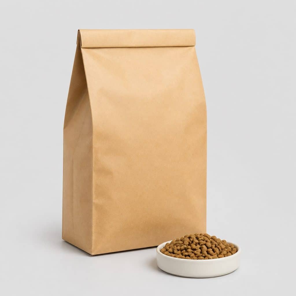 Sac de croquettes pour chaton et coupelle blanche sur fond gris clair