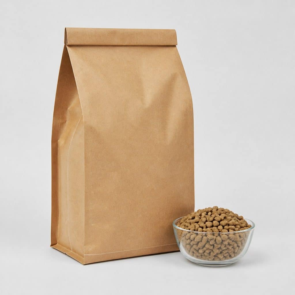 Sac kraft vierge de croquettes sans additifs pour chien stérilisé sur fond blanc