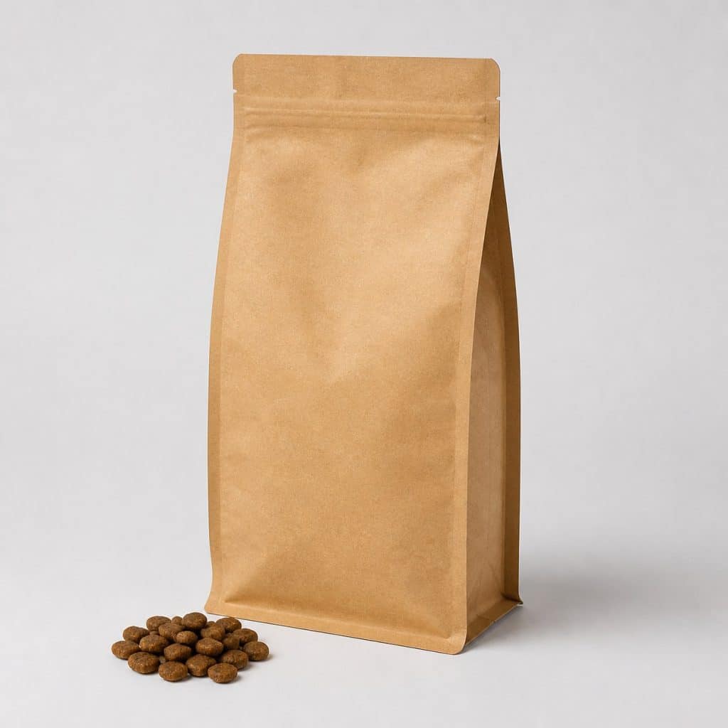 Sac de croquettes sans céréales pour chat sur fond neutre avec quelques croquettes devant