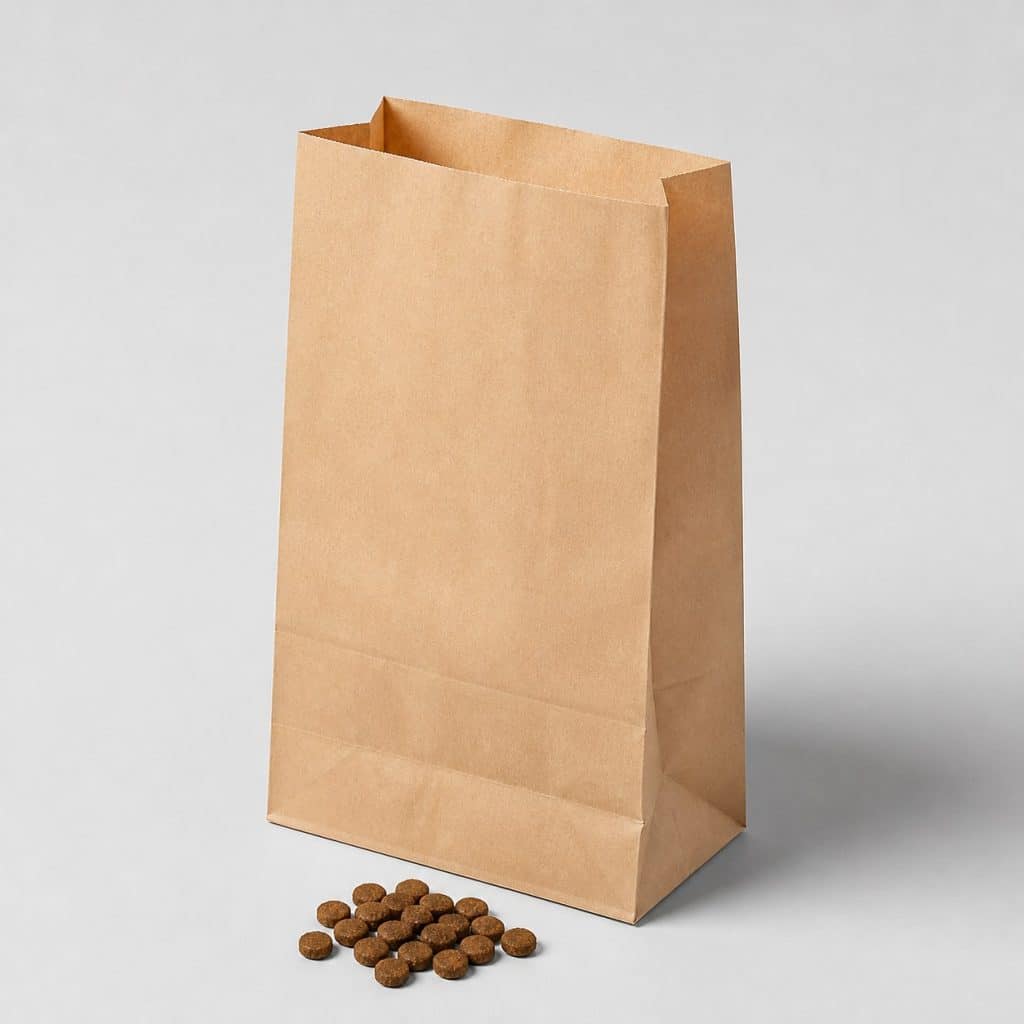 Sac kraft vierge de croquettes sans céréales pour chien ouvert sur fond blanc