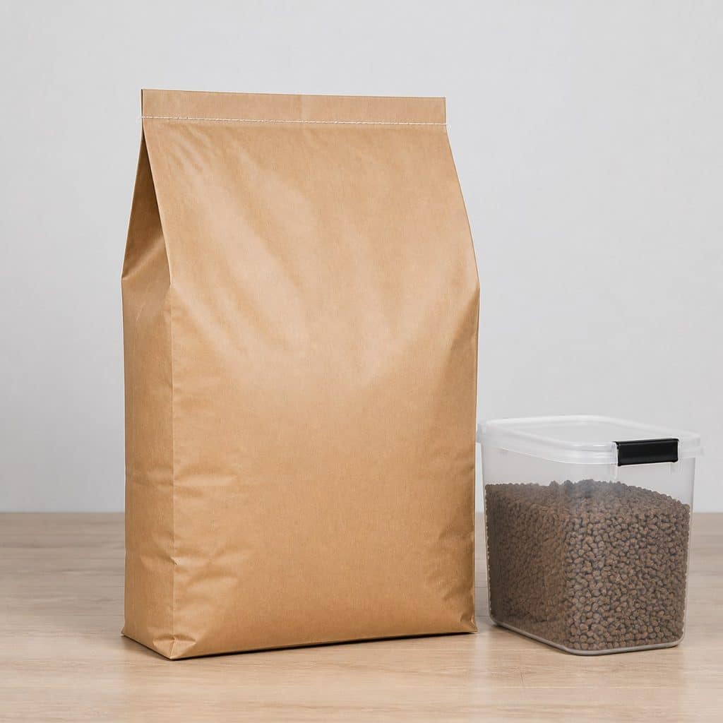 Grand sac kraft neutre de 10 kg de croquettes senior et boîte de rangement hermétique
