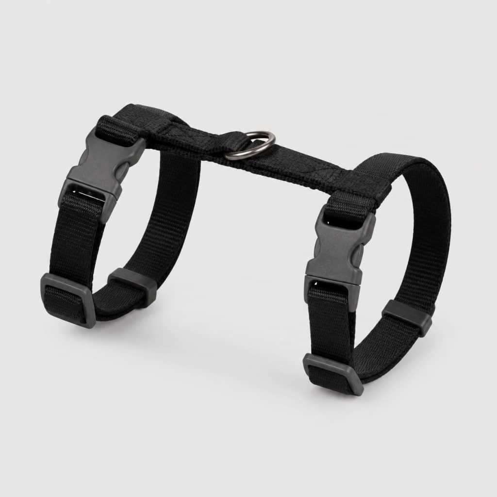 Harnais réglable pour chat en nylon noir, posé à plat et ouvert