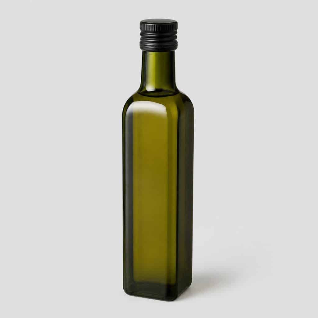 Bouteille d'huile de chanvre alimentaire pour chien en verre vert olive