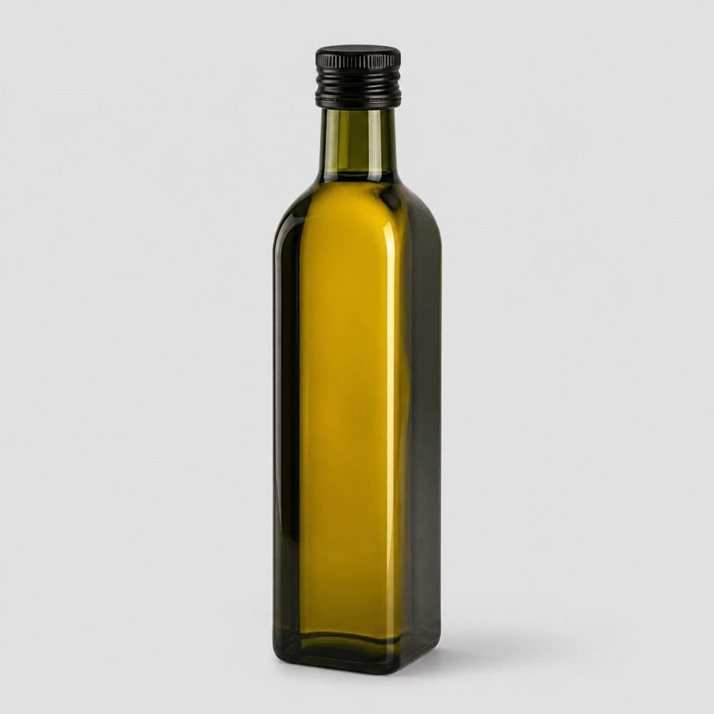 Bouteille d'huile de colza pour chien en verre teinté vert avec bouchon noir