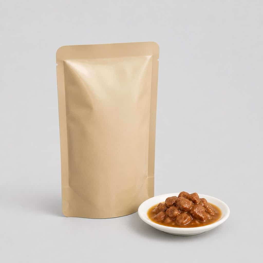Sachet fraîcheur de pâtée pour chat à la digestion sensible et assiette de morceaux en sauce