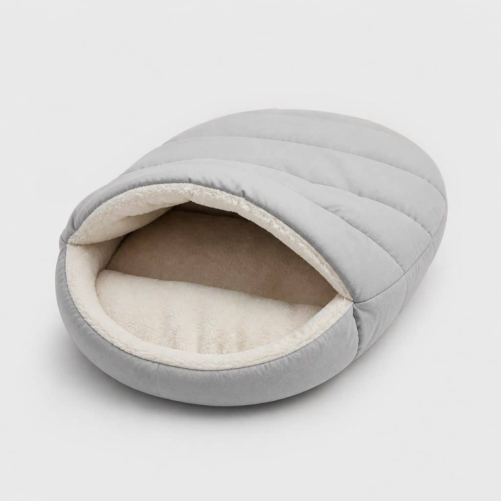 Sac de couchage moelleux pour chat en cocon gris avec doublure écrue