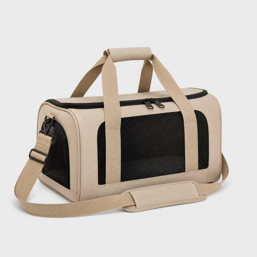 Sac de transport souple pour chat en toile beige avec panneaux en maille