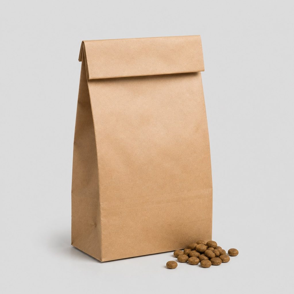 Petit sac kraft vierge de croquettes pour chien posé sur fond gris clair