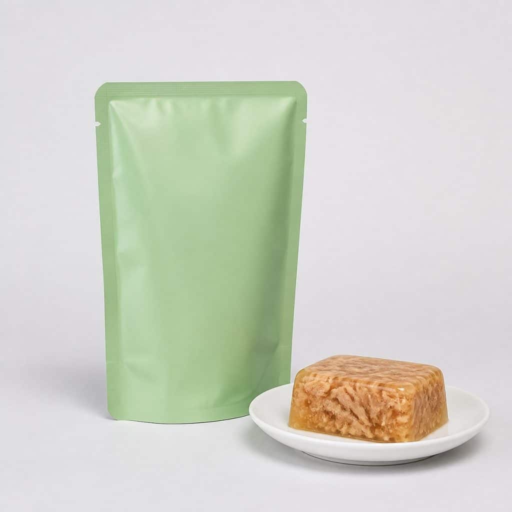 Sachet fraîcheur en gelée pour chat et assiette de gelée ambrée aux morceaux de viande