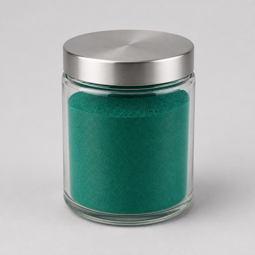 Pot de spiruline en poudre pour chien, couleur vert bleuté soutenue