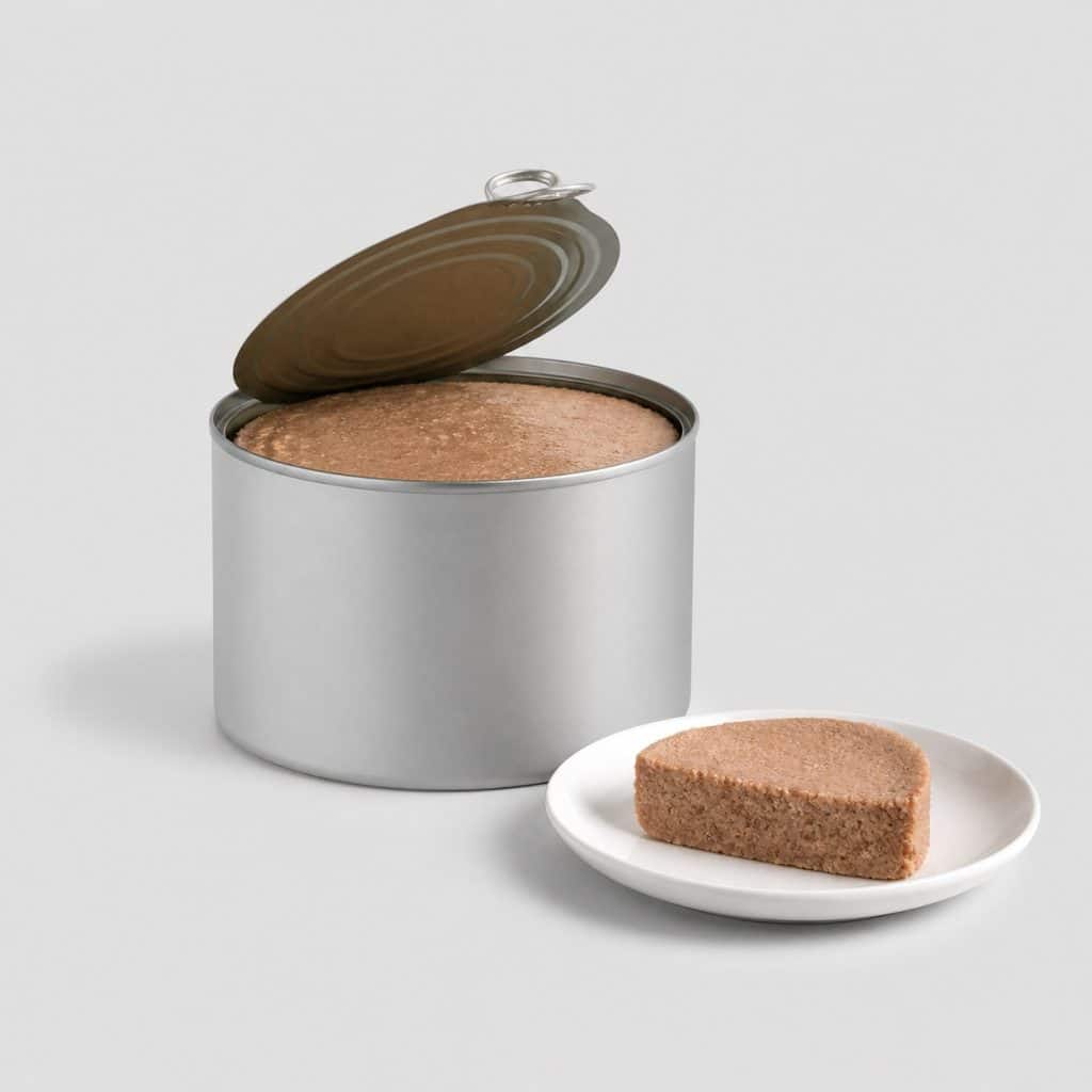 Grande boîte de terrine pour chat de 400 g ouverte avec une tranche dans une assiette